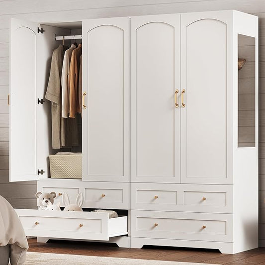 Set of 2 Armoire Wardrobe Closet, with Full-Length Mirror, Bedroom Armoires with 2 Storage Drawers & 2 Door Cabinet, White Freestanding Wardrobe Combination with Hanging and Organizing Clothes