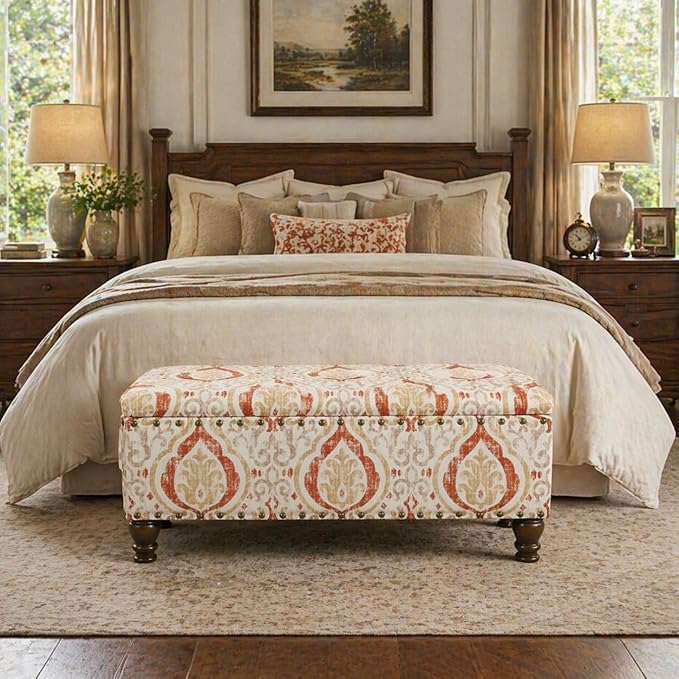 HomePop Large Storage Bench with Nailhead Trim -Orange and Cream Medallion