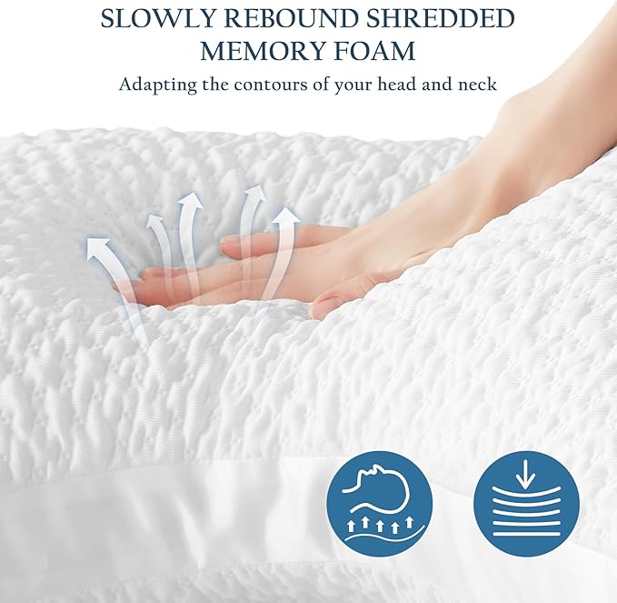 Cooling Side Sleeper Pillow for Neck and Shoulder Support, Ergonomic Curved Crescent Gusseted Luxury Shredded Memory Foam( CertiPUR-US Certified ) with Extra Fill, Cool & Soft Cover, White Standard
