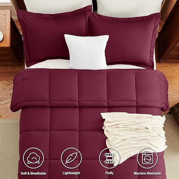 CozyLux Queen Comforter Set - 270GSM Burgundy Bedding Sets for All Seasons, 3 Pieces Box Stitched Bed Set with 1 Down Alternative Comforter and 2 Pillow Shams, Soft, Lightweight, Breathable