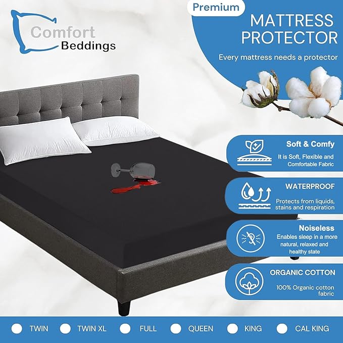 Comfort Beddings 100% Organic Cotton Mattress Protector RV Bunk Size Mattress Cover 250GSM, Waterproof, Noiseless Fitted Bed Cover Protector with 16" Deep Pocket (Black)