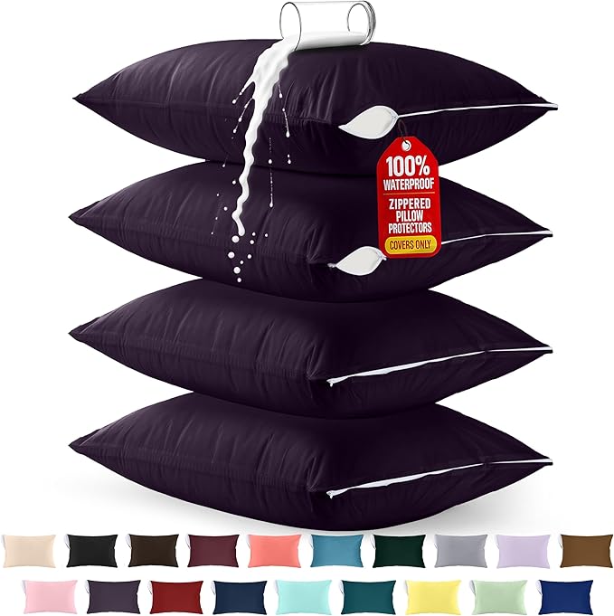 Utopia Bedding Premium 100% Waterproof Pillow Protectors with Zipper Queen Size (Set of 4), Bed Bug and Dust Mite Proof Zippered Pillow Covers, Pillow Encasement Cases, Purple