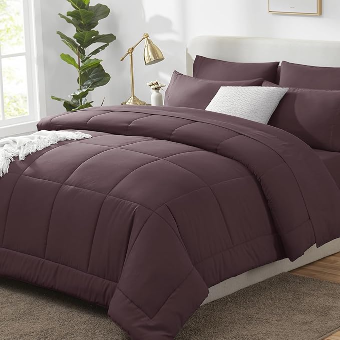 CozyLux King Size Comforter Set Cocoa Powder, 7 Pieces Bed in a Bag, Brown Comforter King Size, All Season Bedding Sets with Stitch Quilted Comforter, Flat Sheet, Fitted Sheet, Pillowcases