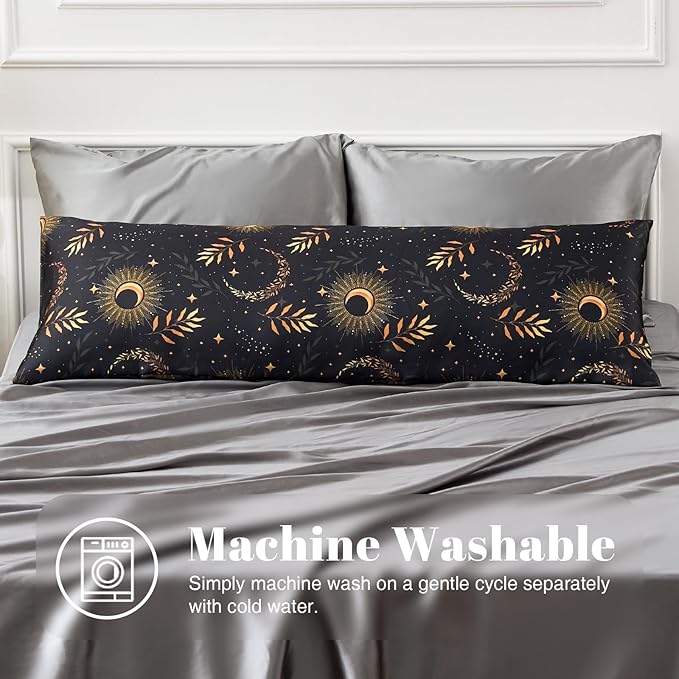 EXQ Home Satin Pillowcase for Hair and Skin Body- Multicolor Printed Black Moon Silk Pillowcase 20x54 inches - Body Pillow Cases with Envelope Closure, Gifts for Women