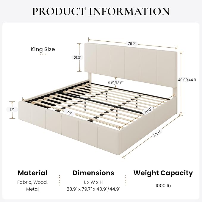 SHA CERLIN King Size Bed Frame, Dutch Velvet Upholstered Platform Bed, Vertical Channel Tufted Adjustable Headboard, Low Profile Bed Frame, No Box Spring Needed, Easy Assembly, Cream