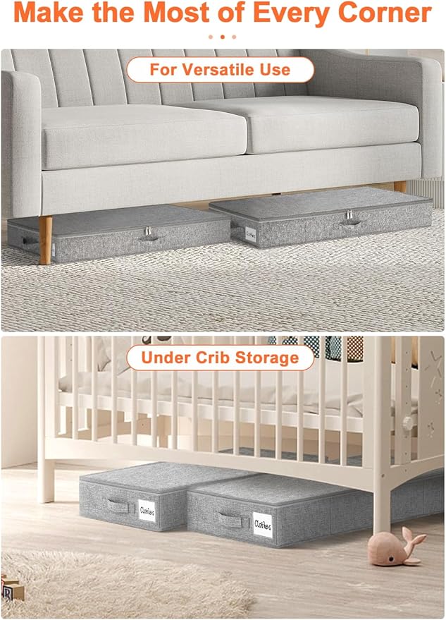 punemi 5 inches High Low Profile Under Bed Storage, Underbed Storage Containers With Sturdy Sidewalls & Bottom, Slim Under Couch Sofa Storage, Shallow Clothes Storage Bins, 2Pack, Grey