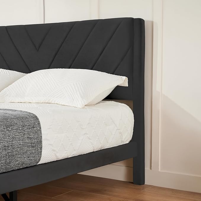 Full Bed Frame with Headboard, Bed Frame Full Size with Sturdy Wooden Slats Support, Platform Bed Frame with Velvet Upholstered Headboard, Mattress Foundation, Easy Assembly, No Box Spring Needed