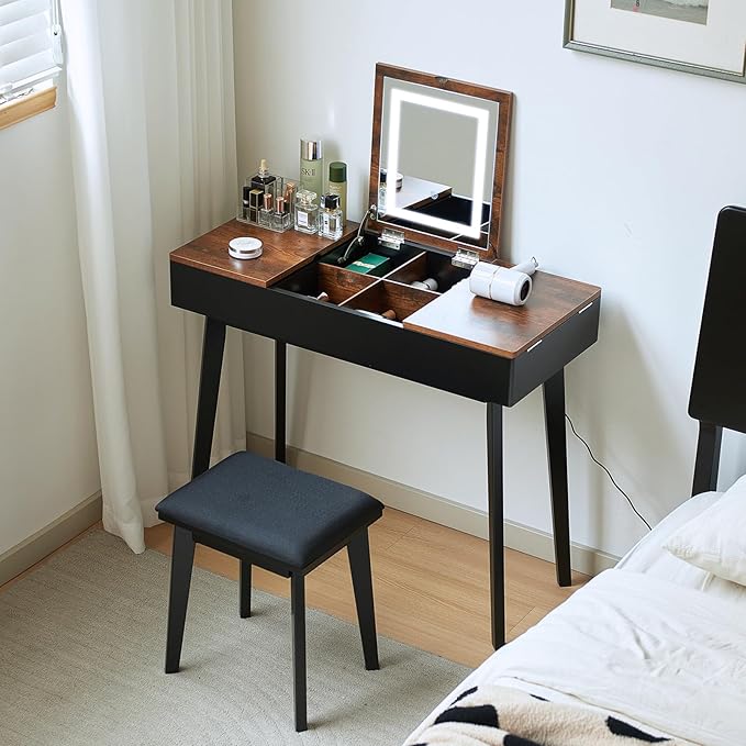 Vanity Desk, Flip Top Makeup Vanity Table with Power Outlet, Makeup Vanity Desk with Mirror & LED Light, Rustic Vanity Set with Cushioning Stool, Vintage Vanity for Bedroom, Black Brown