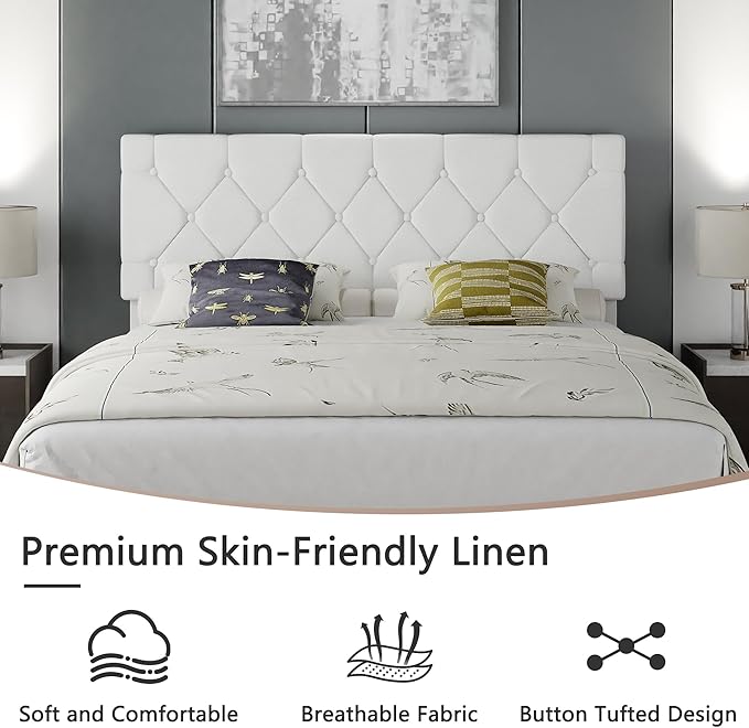 VECELO Queen Bed Frame with Button Tufted Headboard, Upholstered Platform with Wooden Slat Support, No Box Spring Needed, White