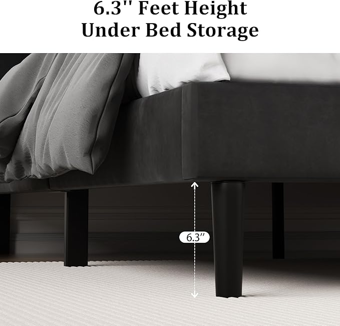 CXVX King Size Platform Bed Frame with Upholstered Velvet Button Tufted Headboard, Mattress Foundation with Wooden Slat Support, No Box Spring Needed, Easy Assembly, Noise Free, Black.