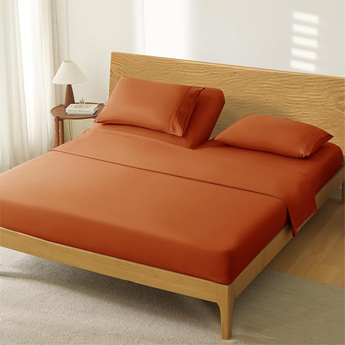 Manyshofu 4 Piece Split Head California King Sheets Sets for Adjustable Bed Sheet, Flex Head Split Top Cal King Sheets Burnt Orange Sheet Set - 1800 Thread Count Bedding Set with Deep Pockets