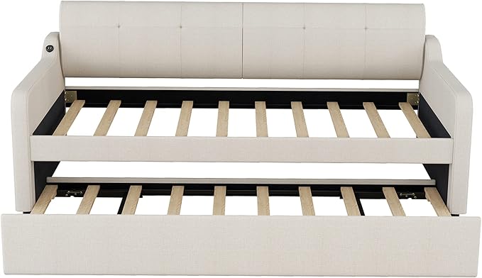 Daybed with Trundle and USB Charging Design, Twin Size Upholstery Day Bed Frame, Trundle can be Flat or erected,Beige