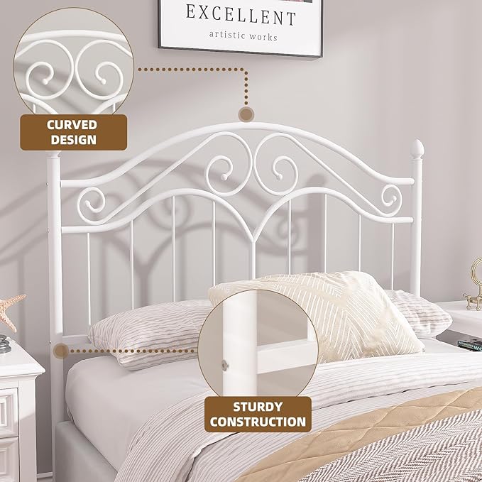Elephance Headboard for Full Size Bed Frame, Vintage Platform Bed Metal Headboard Only, Height Adjustable, Sturdy and Stable, Full Size, Easy Assembly,White