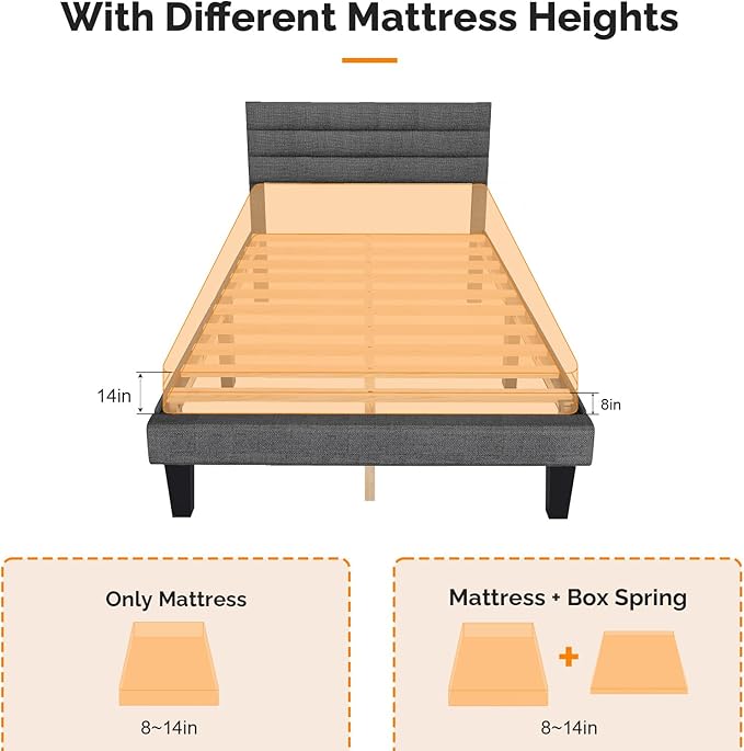 VINGLI Twin Bed Frames for Kids with Headboard, Mattress Foundation with Cozy Linen Upholstered,No Box Spring Needed,Stable Wooden Slats Support, Dark Gray
