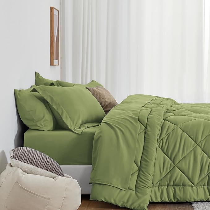 Love's cabin Twin XL Comforter Set Olive Green, 5 Pieces Twin XL Bed in a Bag, All Season Bedding Sets with 1 Comforter, 1 Flat Sheet, 1 Fitted Sheet, 1 Pillowcase and 1 Pillow Sham | Soft, Breathable, Lightweight, Comfortable