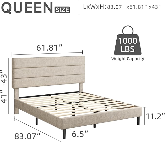 Queen Platform Bed Frame with Adjustable Linen Fabric Upholstered Headboard, Strong Slats Support, Noise-Free, No Box Spring Required, Easy Assembly for Bedroom Guest Room, Beige