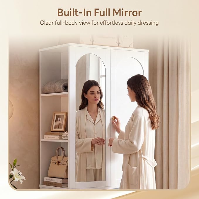 LIKIMIO Armoire Wardrobe Closet with Full Length Mirror, 2 Drawers, 71" Freestanding Bedroom Armoire with 3 Open Shelves, 3 Side Hooks & Hanging Rod, Clothing Storage Cabinet for Bedroom, White