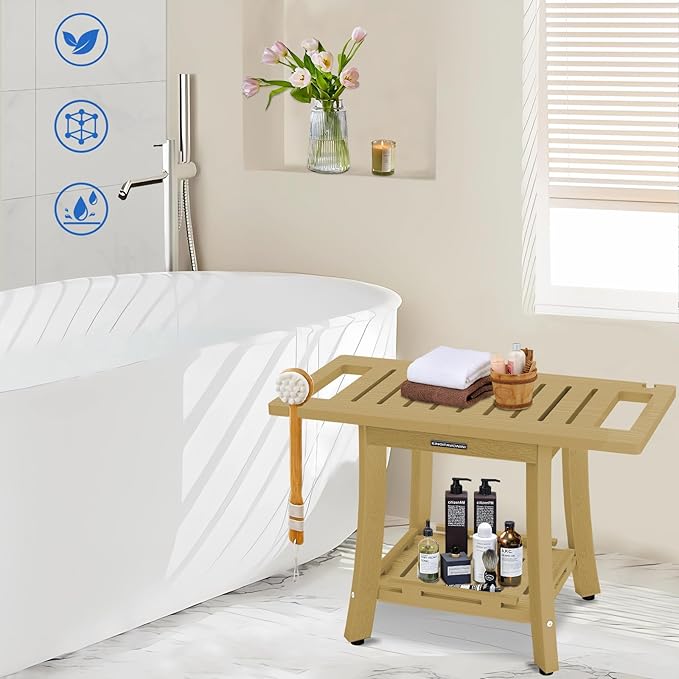 KingPavonini HDPS Shower Benches for Inside Shower to Sit on, Waterproof Shower Stool for Shaving Legs, Heavy Duty 450LBS Shower Seat with Storage Shelf, Shower Chair for Bathroom/Indoor/Outdoor Use