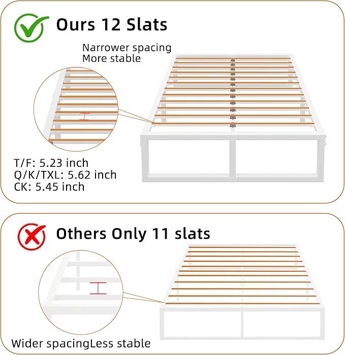 Queen Bed Frame, 18 Inch Metal Platform Bed Frames with Squeak Free U-Slot Design, 6 Non-Slip Guards, 3500lbs Heavy Duty Steel Slat Support, No Box Spring Needed, Under Bed Storage, White