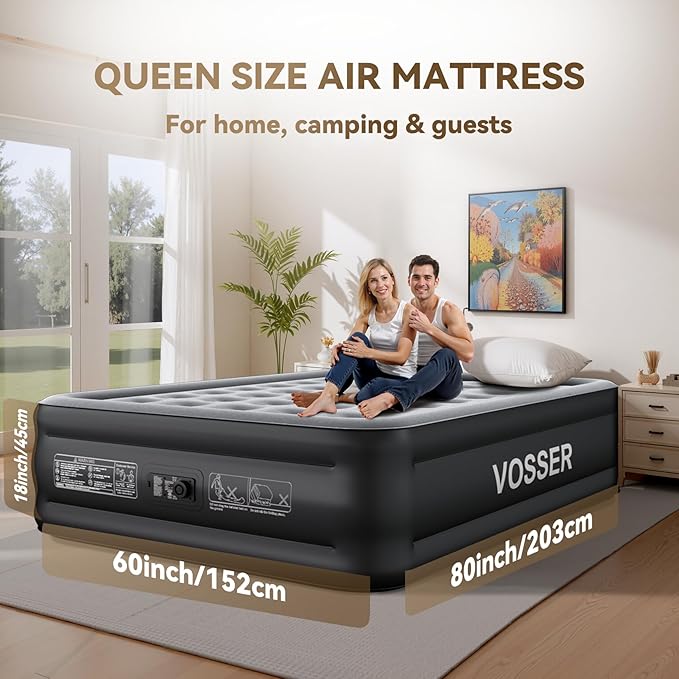 VOSSER Air Mattress Queen with Built in Pump,Updated Blow Up Mattress in 3 Mins,18'' Raised Self Inflatable Mattress,Portable Airbed for Home,Floor&Camping,Queen Size Air Matress for Adults,660LB Max