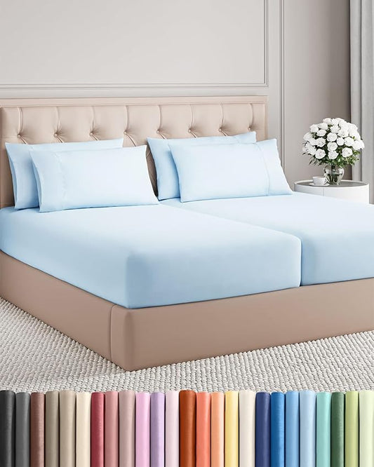 Split King 7 Piece Sheet Set - Comfy, Breathable & Cooling - Soft Hotel Luxury Bedding for Women, Men, Kids, Teens and Children - 1 Flat & 2 Fitted Sheets & 4 Pillowcases with Deep Pockets - Baby Blue