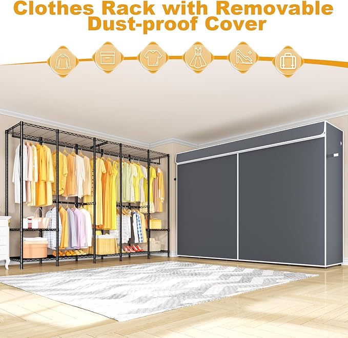 ULIFHOME H50C Extra Large Clothes Rack with Cover, Freestanding Portable Closet, Covered Clothing Racks for Hanging Clothes, Heavy Duty Garment Rack, Wardrobe Closet with Gray Cover Max Load 1350 Lbs