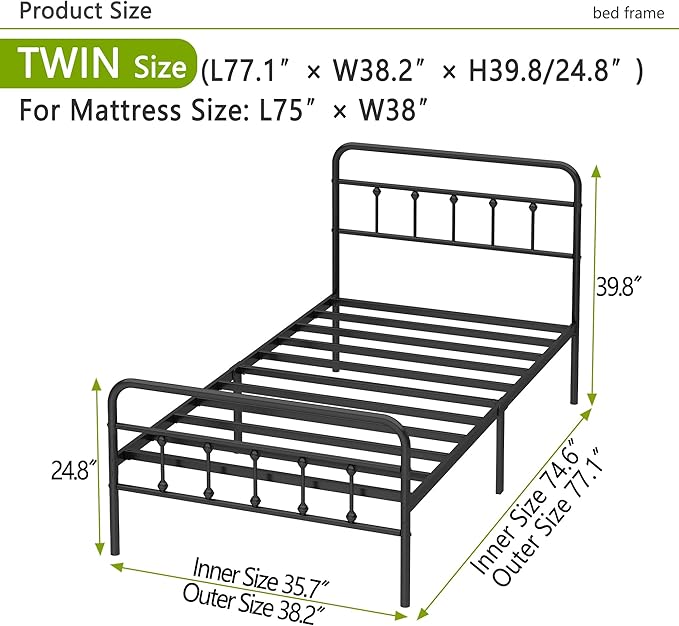 Kujielan Metal Bed Frame - Structurally Stable Heavy Duty Steel Slat Supported Twin Bed Frames,No Box Spring Needed for Easy Removal and Transport.