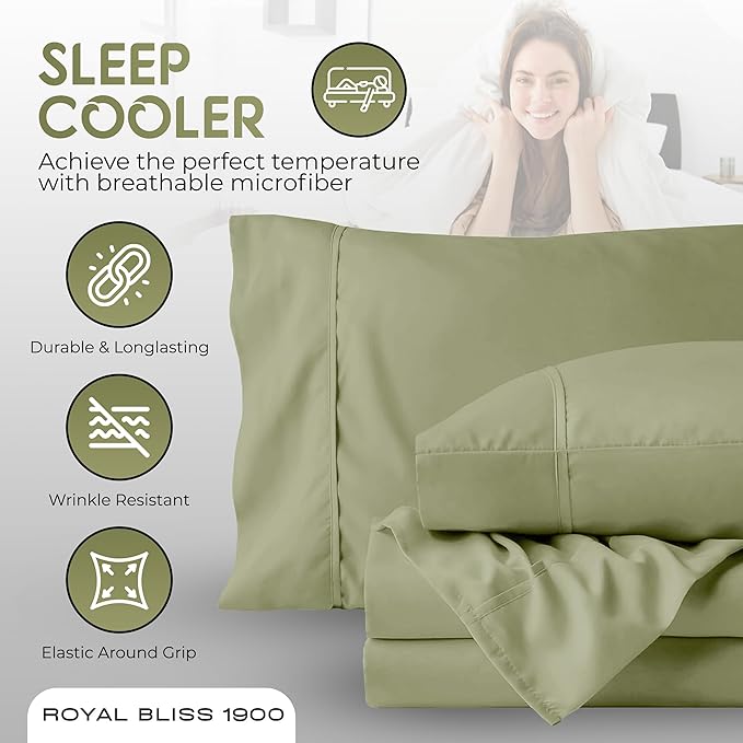 King Size Sheets - 4 Piece Bedding, Wrinkle Free, Cooling, Deep Pocket, King Size Bedding (Sage)
