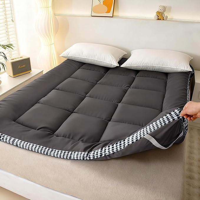 Thick Mattress Topper King Size - Non-Slip Mattress Pad Cover for Back Pain Breathable Folding Sleeping Pad Machine Washable Mattress Protector (78x80 inch,Black)