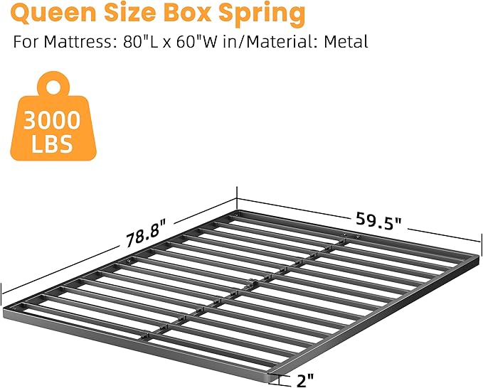 VIPSHOW 2 Inch Queen Metal Box Spring with Round Corners - 3000 lbs Capacity, Low Profile Bed Slat Replacement Bunkie Board with Steel Slats, Noise-Free, Easy Assemble, Black