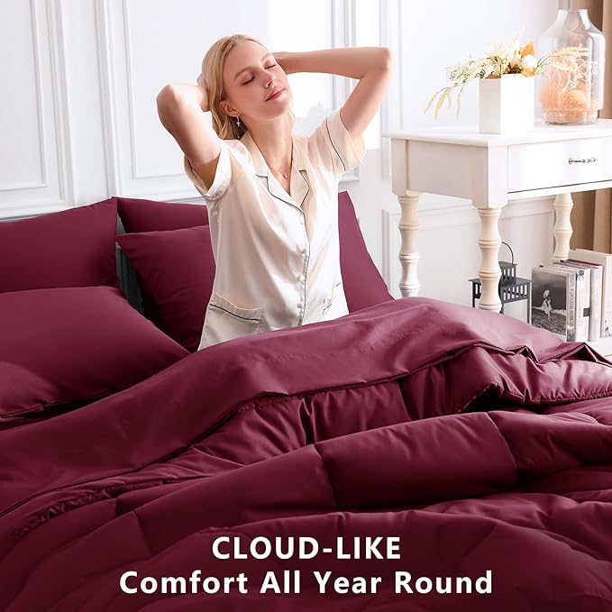 CozyLux King Size Comforter Set Burgundy, 7 Pieces Bed in a Bag, Red Comforter King Size, All Season Bedding Sets with Stitch Quilted Comforter, Flat Sheet, Fitted Sheet, Pillowcases