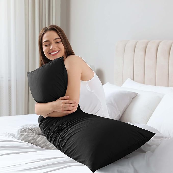 WhatsBedding Memory Foam Body Pillow with Breathable Zippered Cotton Cover, Full Body Pillow for Adults, Long Pillow for Sleeping, Firm Pillow Fluffy Supportive - Black
