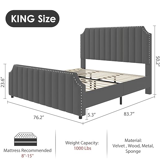 GarveeHome King Size Platform Bed Frame with 50.2 in Headboard, Velvet Upholstered Bed Frame with Vertical Channel Tufted Headboard & Footboard, Nailhead Trim, No Box Spring Needed, Grey