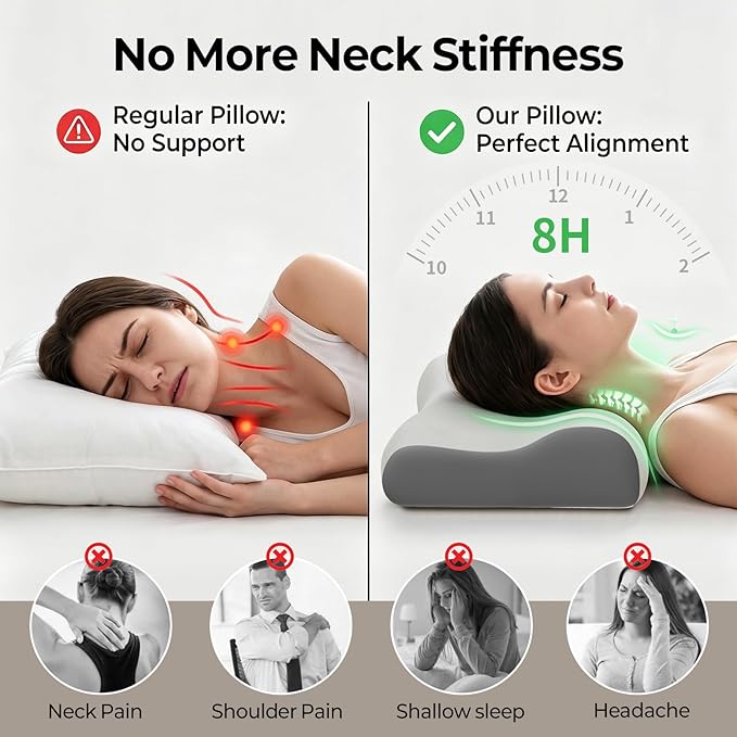 Polovo Cervical Neck Pillow for Pain Relief - Ergonomic Side Sleeper Pillow for Deep Sleep, Contour Memory Foam Pillows for Sleeping Bed Pillow for Side Back Stomach Sleepers with Cooling Pillowcase