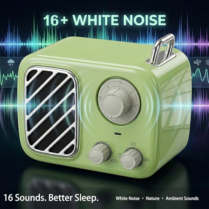 Portable White Noise Machine – Rechargeable, Vintage Knob Design, 16 Non-Looping Sounds for Baby & Adults, Travel Sound Machine with Timer & Memory (Sprout Green)