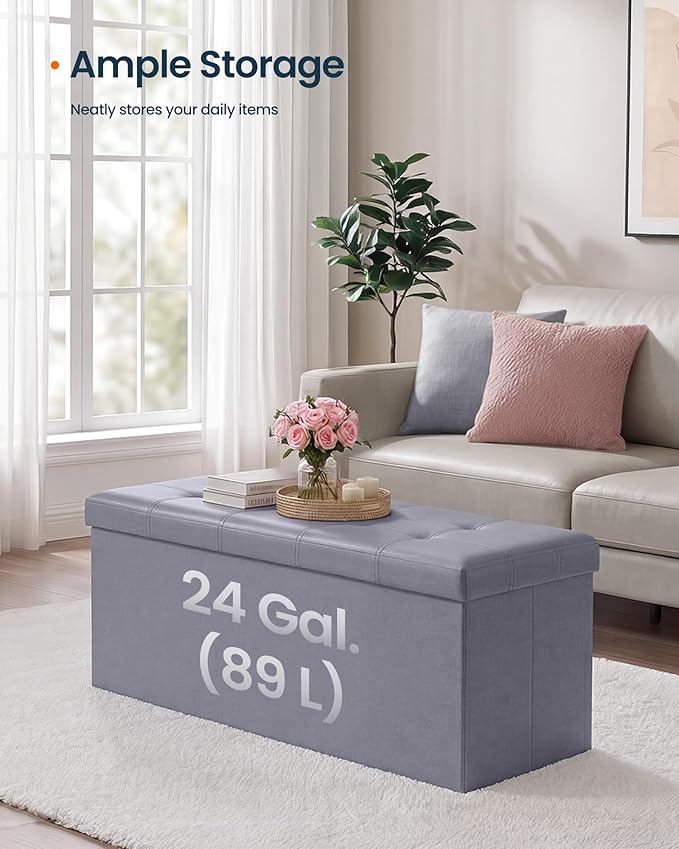 SONGMICS HOME Storage Ottoman, Removable Lid, Foldable Foot Stool, PU Leather, for Entryway, Living Room, Bedroom, 15.2 x 43.2 x 15.2 Inches, Light Gray