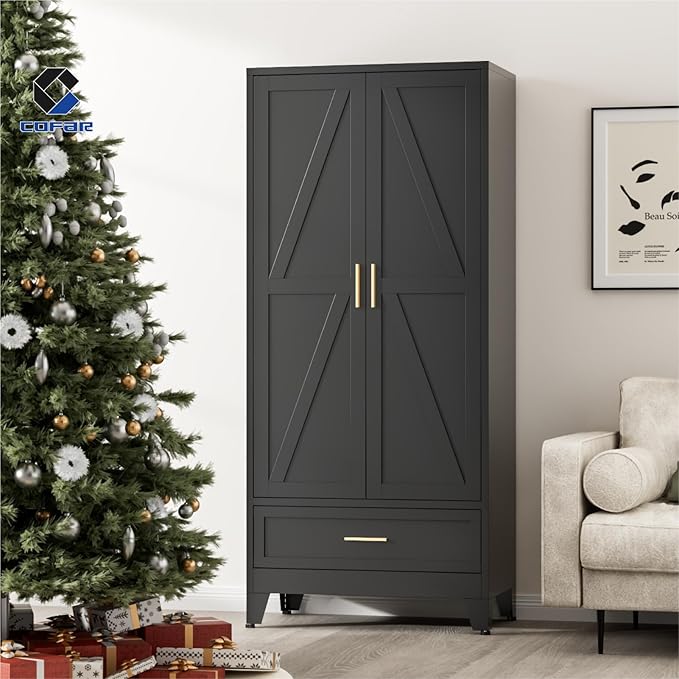 COFaR Metal Wardrobe Closet with Doors, 71'' Tall Armoire Wardrobe Closet with Drawer and Hanging Rod, Freestanding Farmhouse Bedroom Armoires for Bedroom Garage Office, Black