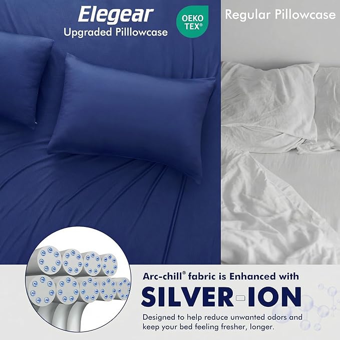 Elegear Cooling Pillow Cases for Hot Sleepers, Silver Infused Cooling Pillowcase with Q-Max>0.5, Silky Breathable Pillowcases for Hair & Skin, Zipper Anti Acne Pillowcases Set of 2-King, Navy Blue