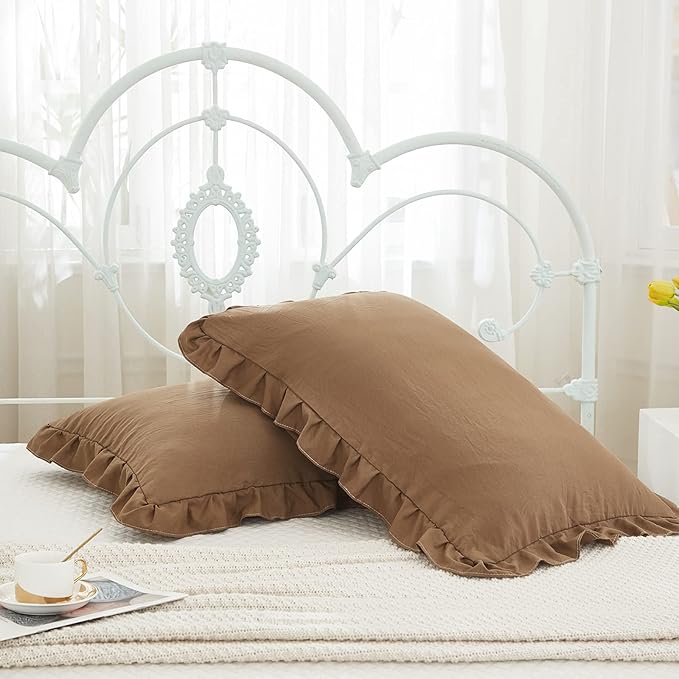 Merryword Brown Pillowcases - King Size Ruffled Shams Set of 2 - Solid Fringe Design - Coffee Brown Shabby Chic - 2 Pack (King (20''x36''))