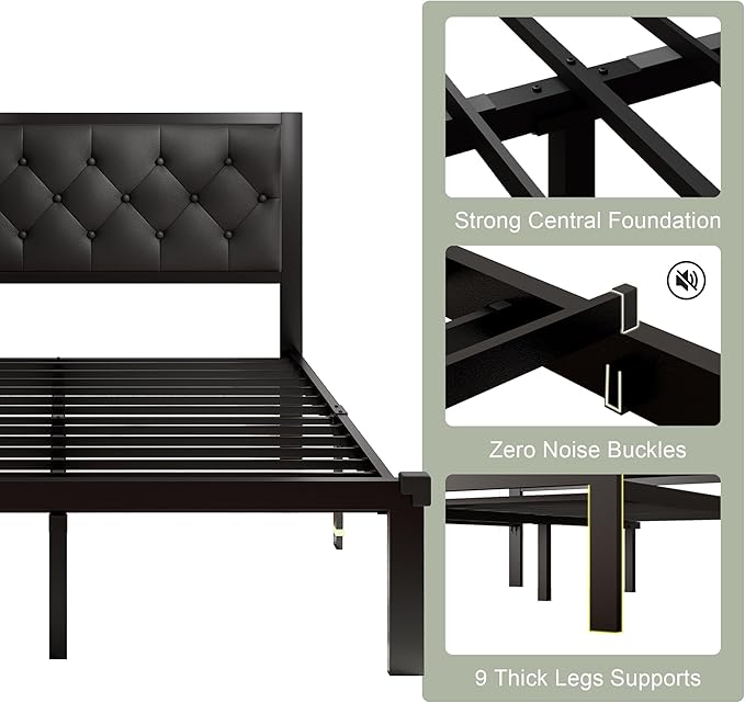 Feonase Full Size Metal Bed Frame with Faux Leather Button Tufted Headboard, Heavy-Duty Platform Bed Frame with 12" Storage, Steel Slats Support, No Box Spring Needed, Noise Free, Matte Black