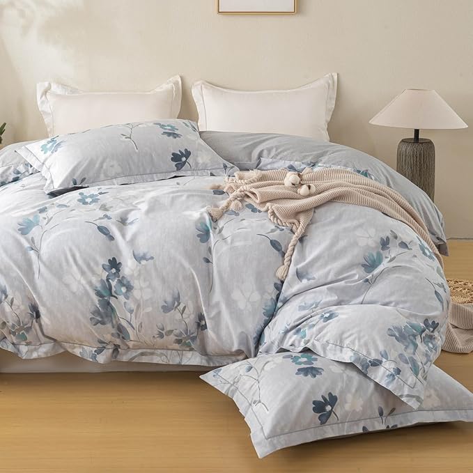 OAITE Duvet Cover Set King Size Floral Pattern Ultra Soft 100% Cotton Duvet Cover Sets 3-PC, Breathable Duvet Cover with Zipper Closure & Corner Ties(2 Pillow Shams,1 Duvet Cover)