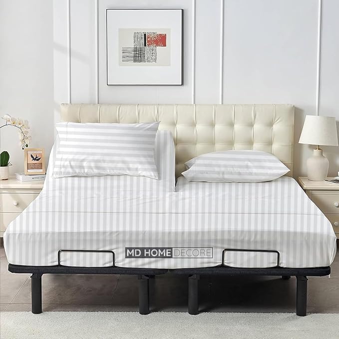 4 Piece Split Head Flex Sheet Set, 34" Top Split King Sheets for Adjustable Beds, 100% Egyptian Cotton, 16 Inch Deep Pocket, Soft Durable Breathable Sheets, White Stripe, Ideal for Adjustable Beds