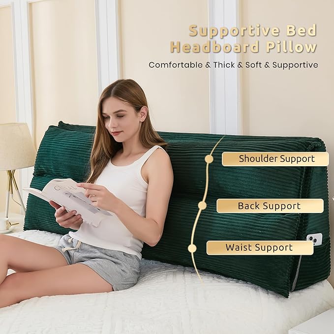 Zelladorra Wedge Pillow Headboard, Headboard Pillow King for Reading or Sitting, Bolster Pillow with Large Memory Foam, Removable Cover, Green