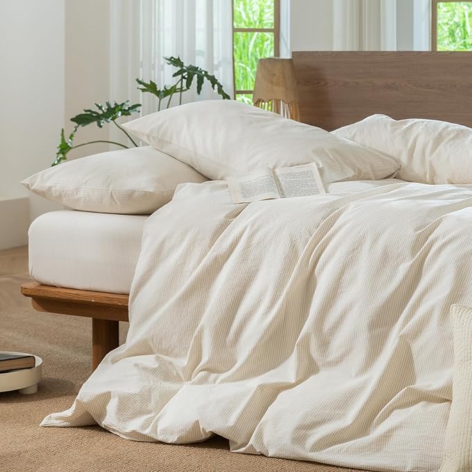 MooMee Striped Duvet Cover Set 100% Washed Cotton Linen Like Textured Breathable Durable Soft Comfy (Almond Milk Grey Pinstripes, Twin 68"x90")