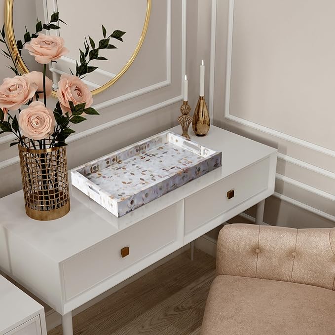 Handicrafts Home 17x11 Decorative Tray, Rectangular Ottoman Coffee Table Tray, Serving Tray, Gift Tray, Mother of Pearl Resin Inlay Wood Tray with Handles for Living Room Dining Centerpiece Display