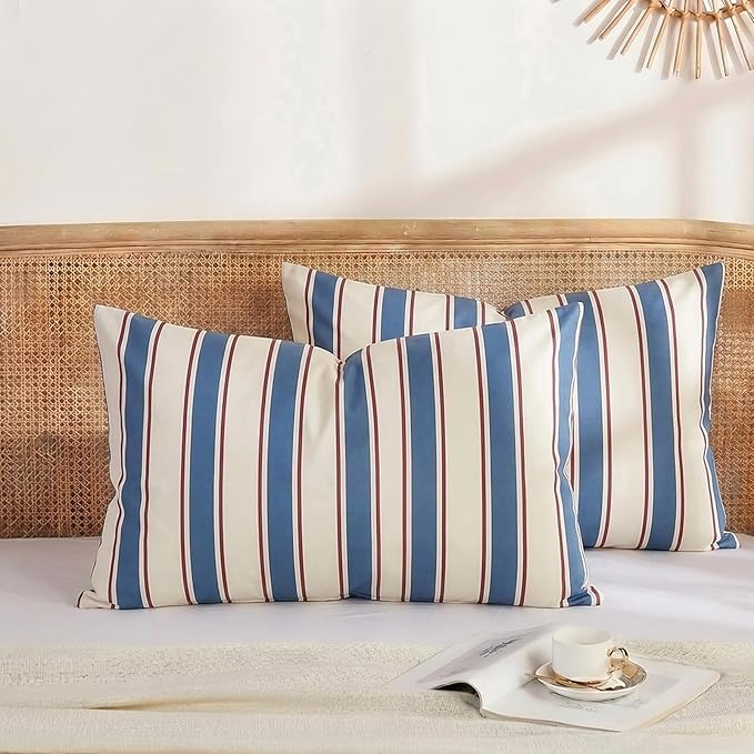 Merryword White and Blue Striped Pillowcases, 100% Cotton Pillow Cases, King Size Pillowcases, Luxury Linen Like Pillowcase, Soft Breathable Stripe Pillow Covers, Set of 2