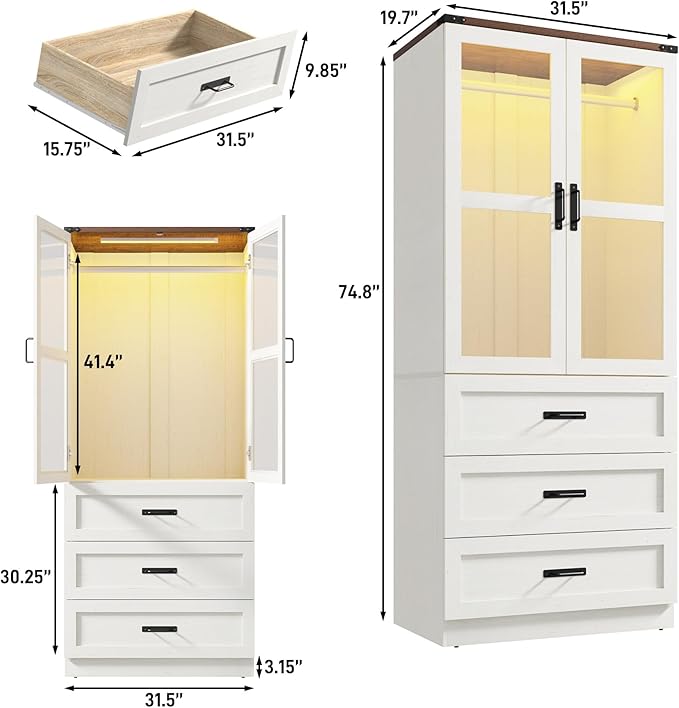 75" Tall Farmhouse 2 Doors Armoire Wardrobe Closet with 3 Drawers and LED,Freestanding Closet Wardrobe Cabinet for Bedroom with Hanging Rod,Wooden Armoire Storage Cabinet Adjustable(Rustic Off White)