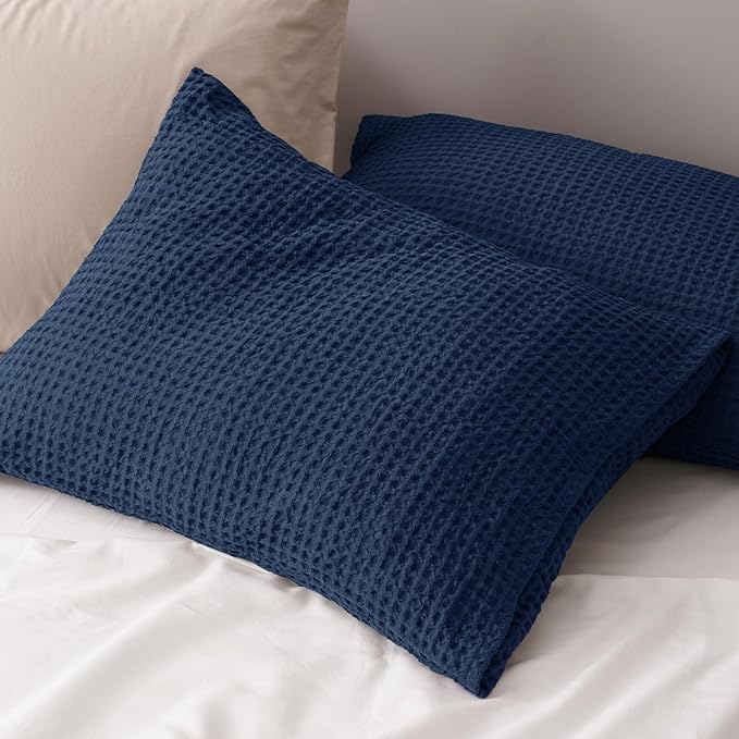 PHF Ultra Soft Waffle Weave Pillow Shams King Size, No Insert, 2 Pack 20" x 36" Pillowcases,Breathable & Skin-Friendly Pillow Cases, Stylish Decorative Bed Pillow Cases Covers, Navy Blue/Dark Blue