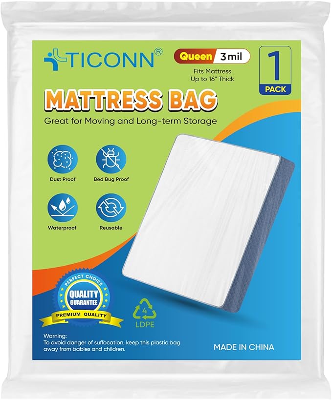 TICONN 1PK Plastic Mattress Bag for Moving Storage, Waterproof Mattress Protector Cover, Heavy-Duty Mattress Moving Supplies (3 mil, Queen)