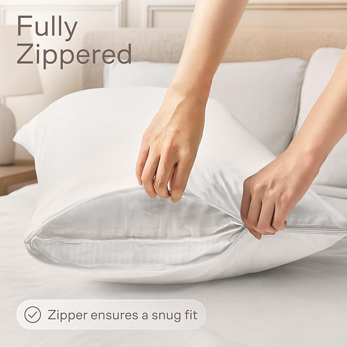 Ultra Soft Pillow Protectors with Zipper Queen Size - Set of 2 Breathable Pillow Covers - 100% Protection Against Stains, Dust & Dirt - Machine Washable (White)
